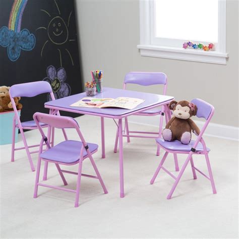 Push in metal lever to unlock, then fold. Showtime Childrens Folding Table and Chair Set, Purple, 1 ...
