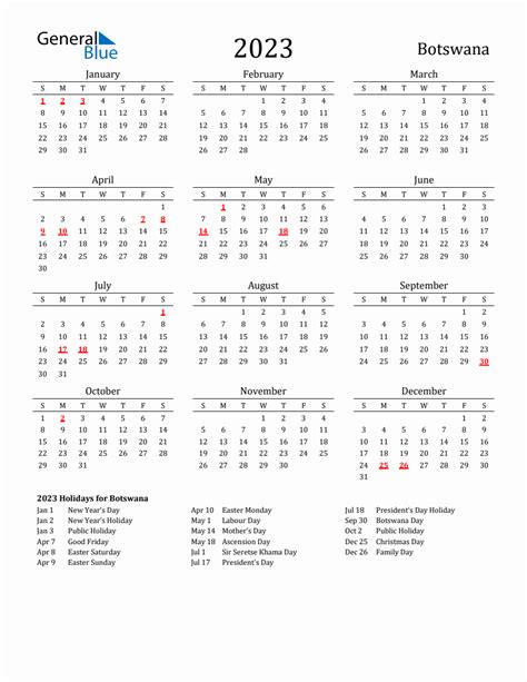 Free Botswana Holidays Calendar For Year 2023