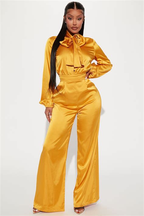 Women S Emily Satin Jumpsuit In Mustard Yellow Size 3x By Fashion Nova