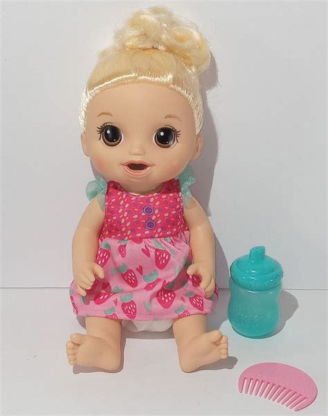 Baby Alive Baby Doll Blonde Hair Strawberry Dress Comb Blue Eyes Bottle