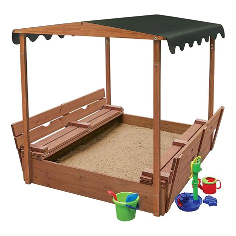 The telescoping square sandbox canopy easily transitions to an attractive cover with the flip of a few levers. Wooden Sandbox with Cover and Bench Seats | Kids sandbox ...