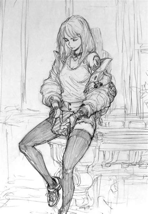 A Pencil Drawing Of A Girl Sitting On A Bench Holding A Stuffed Animal