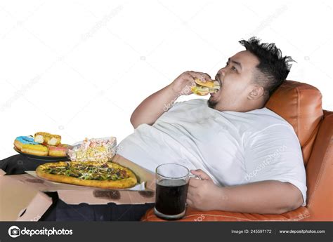 Unhealthy Lifestyle Concept Greedy Fat Man Eating Burger Junk Foods