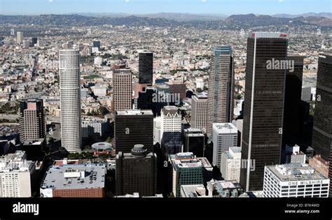 Aerial View Of Downtown Los Angeles City Skyline Skyscrapers Tall Stock