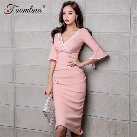 Foamlina Elegant Women Bodycon Dress Korean Ol Fashion V Neck Flare Sleeve Color Match Back
