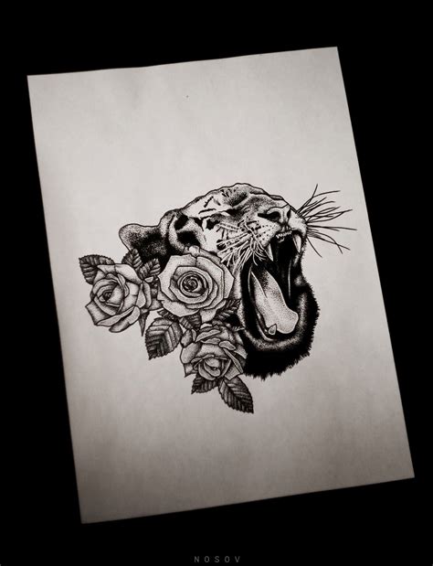 Tattoo Sketch Dotwork Tiger Roses