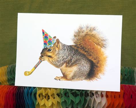 Squirrel With Party Blower Printable Birthday Card Digital Etsy