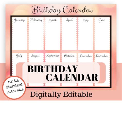 Editable Birthday Calendar Printable Birthday Calendar Etsy