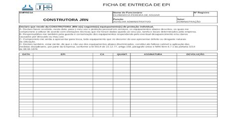 Modelo Ficha De Entrega De Epi Xls Document