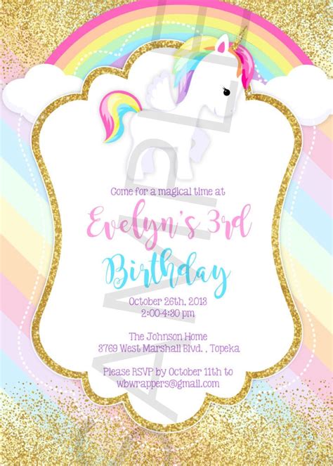 Unicorn Birthday Party Invitation Template Pastel Rainbow Etsy