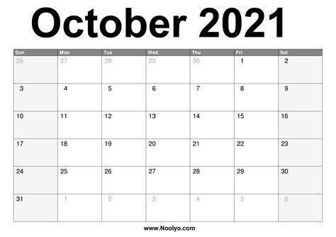 October 2021 Calendar Printable Free Download