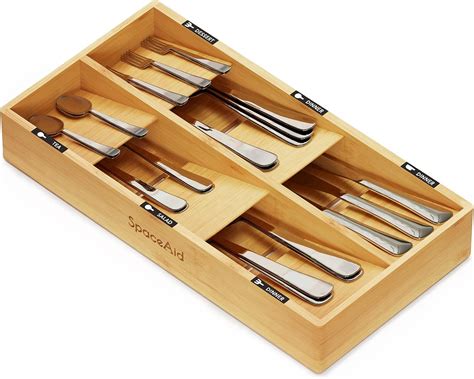 Spaceaid Bamboo Silverware Drawer Organizer With Labels Kitchen