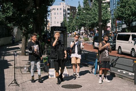 Group Of J Pop Singers Playing Rock On The Street In Harajuku Tokyo Japan With Fashional