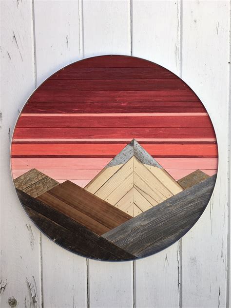 This mountain art is perfect to sit on your shelf or mantle piece and comes with a fitted bracket for hanging on the wall. Reclaimed Wood Mountain Art - Circle - Red Sky # ...