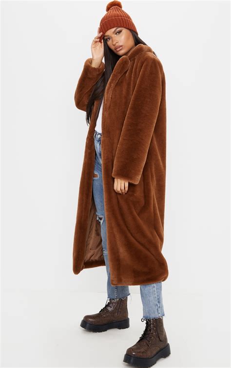 Dark Brown Maxi Faux Fur Coat Prettylittlething Ie