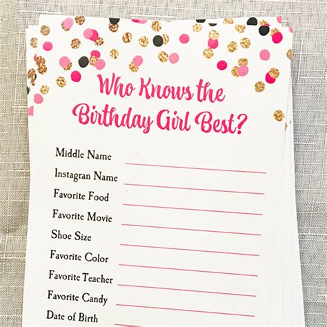 Who Knows Birthday Girl Best Party Game Printable Or Printed Etsy Birthday Party For Teens