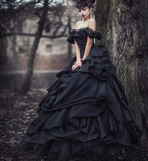 Discountgothic Black Wedding Dresses Ball Gown Off Shoulder Ruffles
