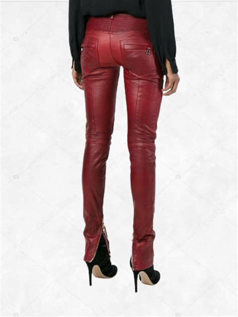 women genuine lambskin biker pants red real leather skinny etsy