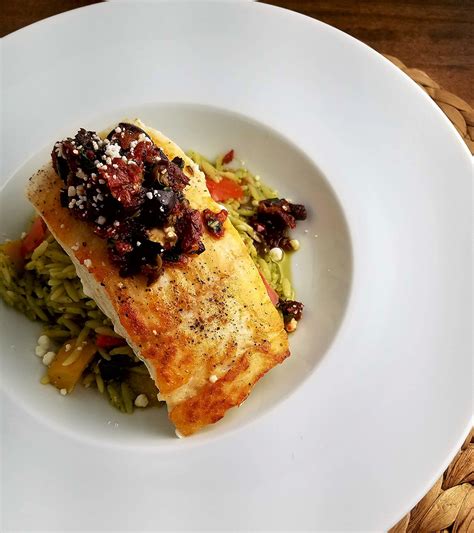 Line a large sheet pan or jelly roll pan with aluminum foil and coat with nonstick cooking spray. Mediterranean Halibut with Roasted Vegetable & Pesto Orzo ...