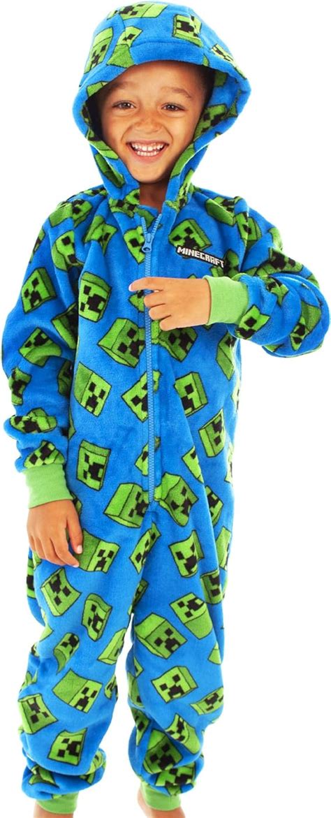 Minecraft Creeper Blue Boys Kids Long Sleeved Hooded Zip Onesie Pyjama