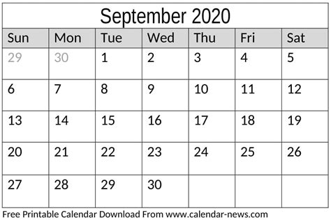 Blank September 2020 Calendar Monthly And Weekly Sheet