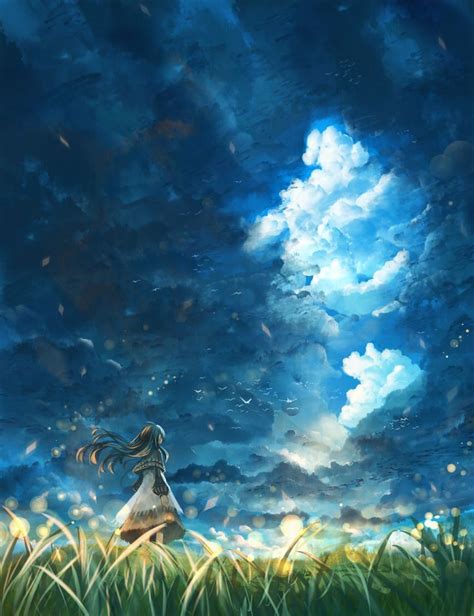 Anime Art Nature Painting Sky Cloud Field Girl