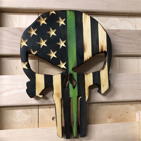 Wooden American Flag Punisher Skull Thin Blue Line Red Green