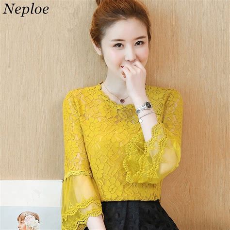 Neploe S 2xl Korean Fashion Mesh Lace Blouse Spring Flare Sleeve