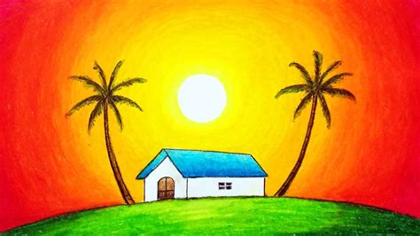 Landscape drawing with watercolor at paintingvalley com explore. How to Draw Easy Scenery of Beautiful Sunset | Simple Nature Scenery Drawing