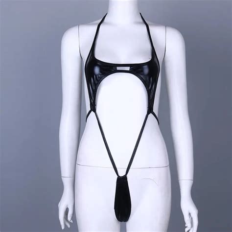 Tiaobug Women Solid Color Patent Leather Bathing Suit Adult Halter One Piece Sexy Swimsuit