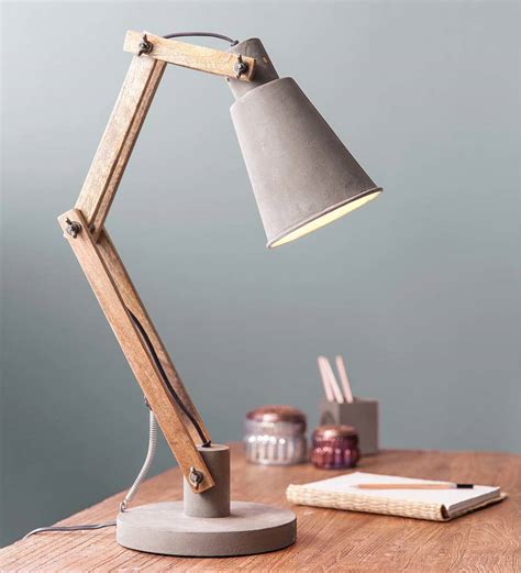 Wooden desk lamp, industrial style table lamp, architecture, vintage, office, clamp lamp this folding wooden lamp with a warm brown texture, dressed with burlap to create a softer light. Cement & Wood Desk Lamp | VivaTerra