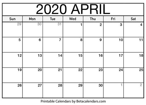Printable April 2020 Calendar Beta Calendars