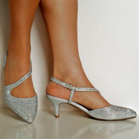 New Diamante Silver Gold Low Kitten Heel Prom Evening Bridal Shoes