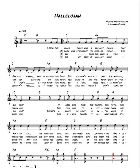 Leonard Cohen Hallelujah Sheet Music Leadsheet In C Major Transposable Download Print