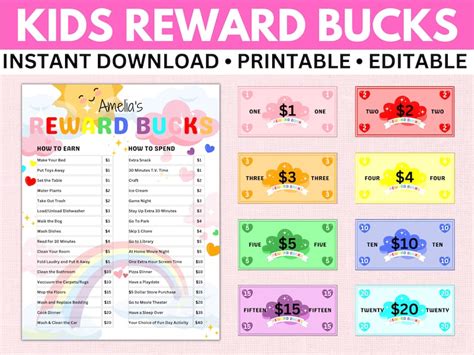 Rainbow Reward Chart Of Kids Editable Kids Reward Bucks Printable
