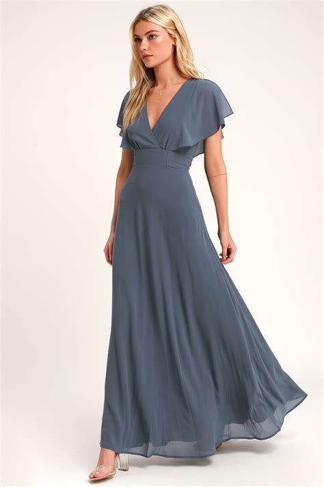 Dearly Loved Slate Blue Flutter Sleeve Maxi Dress Maxi Dress With Sleeves Elegant Dresses