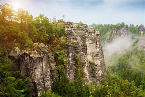 Bastei Germany Beautiful Landscape With Bastey Rocks In The National