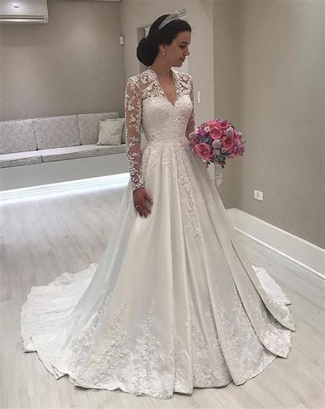 2019 backless wedding dress lace long sleeve backless v neck a line bridal gowns. Vintage A-line Lace Long Sleeves Satin Wedding Dresses For ...