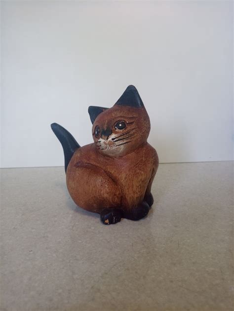 Vintage Wooden Cat Figurine Wood Carved Figurine Of A Kitten Etsy