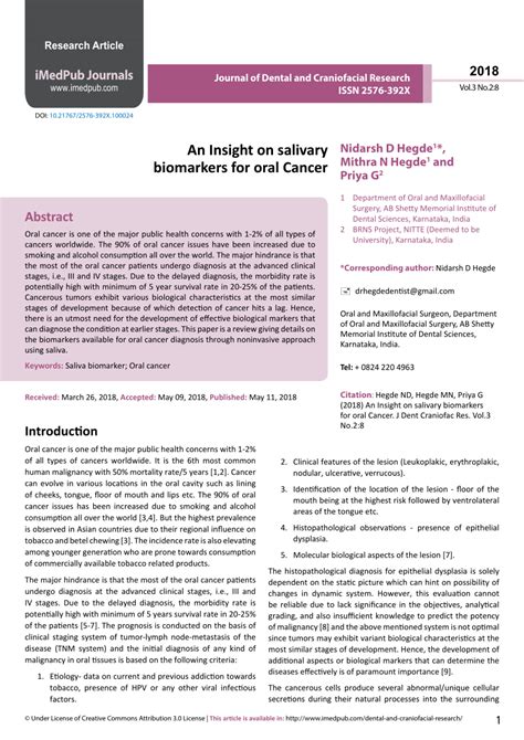 Pdf An Insight On Salivary Biomarkers For Oral Cancer