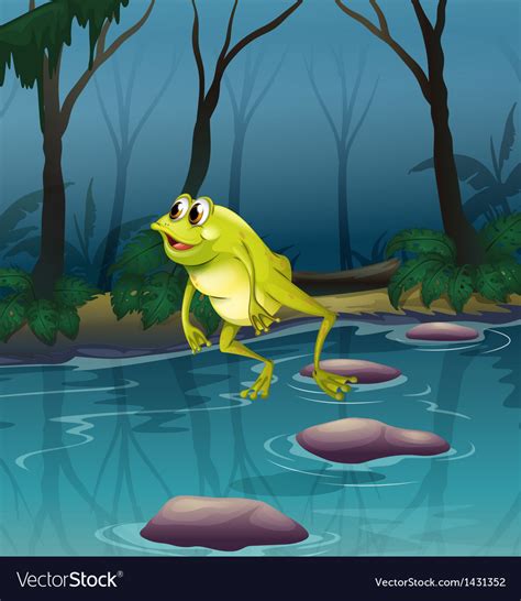 A Frog Jumping At The Pond Inside Forest Vector Image