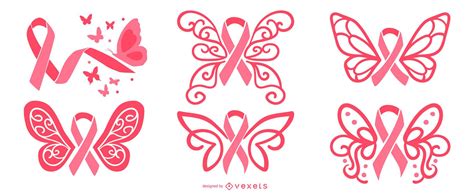 Breast Cancer Butterfly Ribbons Set Vector Download
