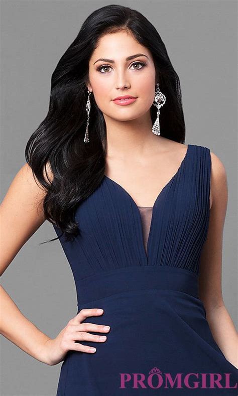 Long Navy Blue Chiffon Prom Dress With Ruched V Neck Prom Dresses