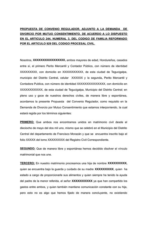 PROPUESTA DE CONVENIO REGULADOR, ADJUNTO A LA