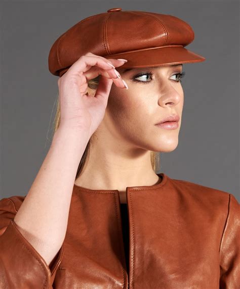 Womens Leather Hat Cap Visor Beret Newsboy Tobacco Leather Taormina