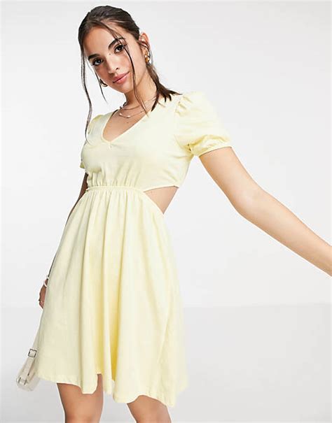 Asos Design Cut Out Back Mini Dress In Pastel Yellow Asos