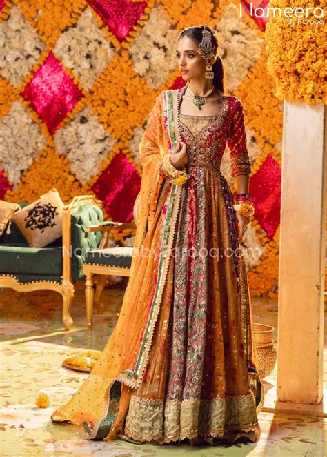 Pakistani Bridal Mehndi Wear Multi Color Jamawar Frock Mailnapmexico