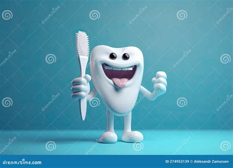 Cute Healthy Shiny Cartoon Tooth Character Holding Toothbrush