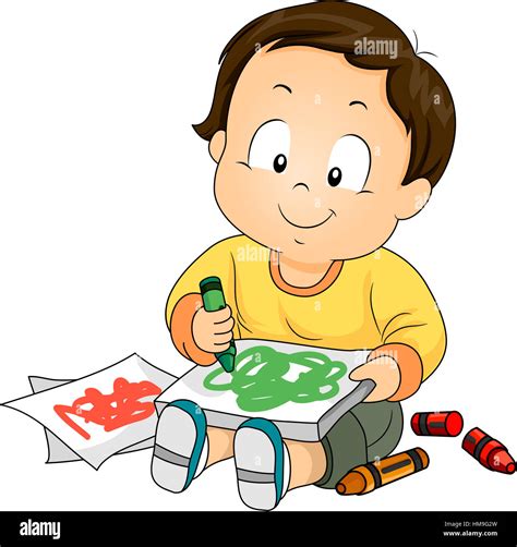 Illustration Of A Baby Boy Drawing Doodles With Crayons Stock Photo