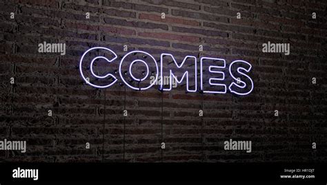 Comes Realistic Neon Sign On Brick Wall Background 3d Rendered
